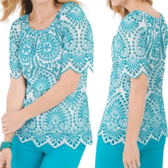 Chico's Eyelet Embroidered Top Womens Small Aqua Green Short Sleeve Bohemian - Picture 12 of 12